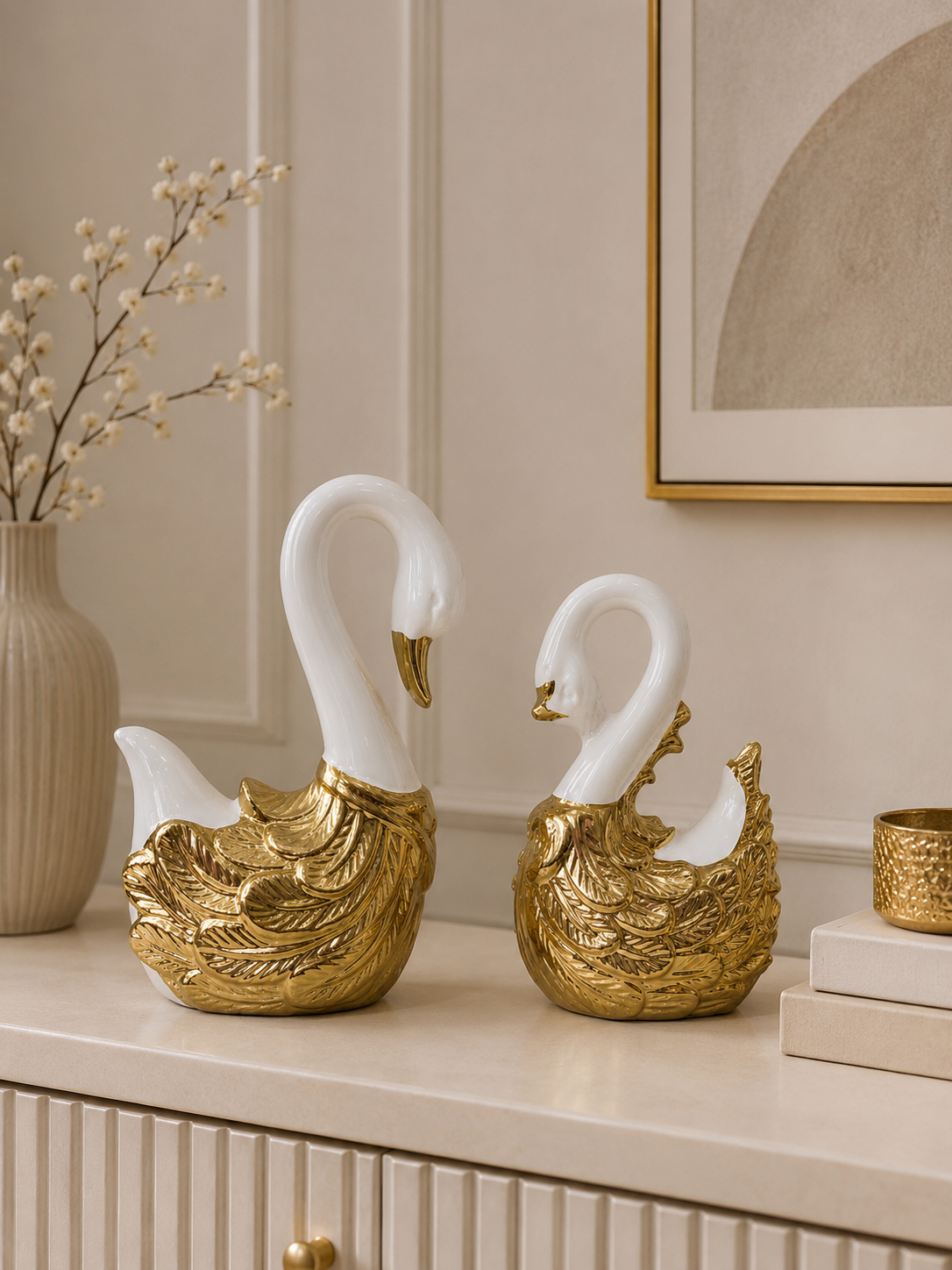 Luxury White & Gold Ceramic Swan Figurine Set | Modern Decorative Swan Sculptures (Set of 2)