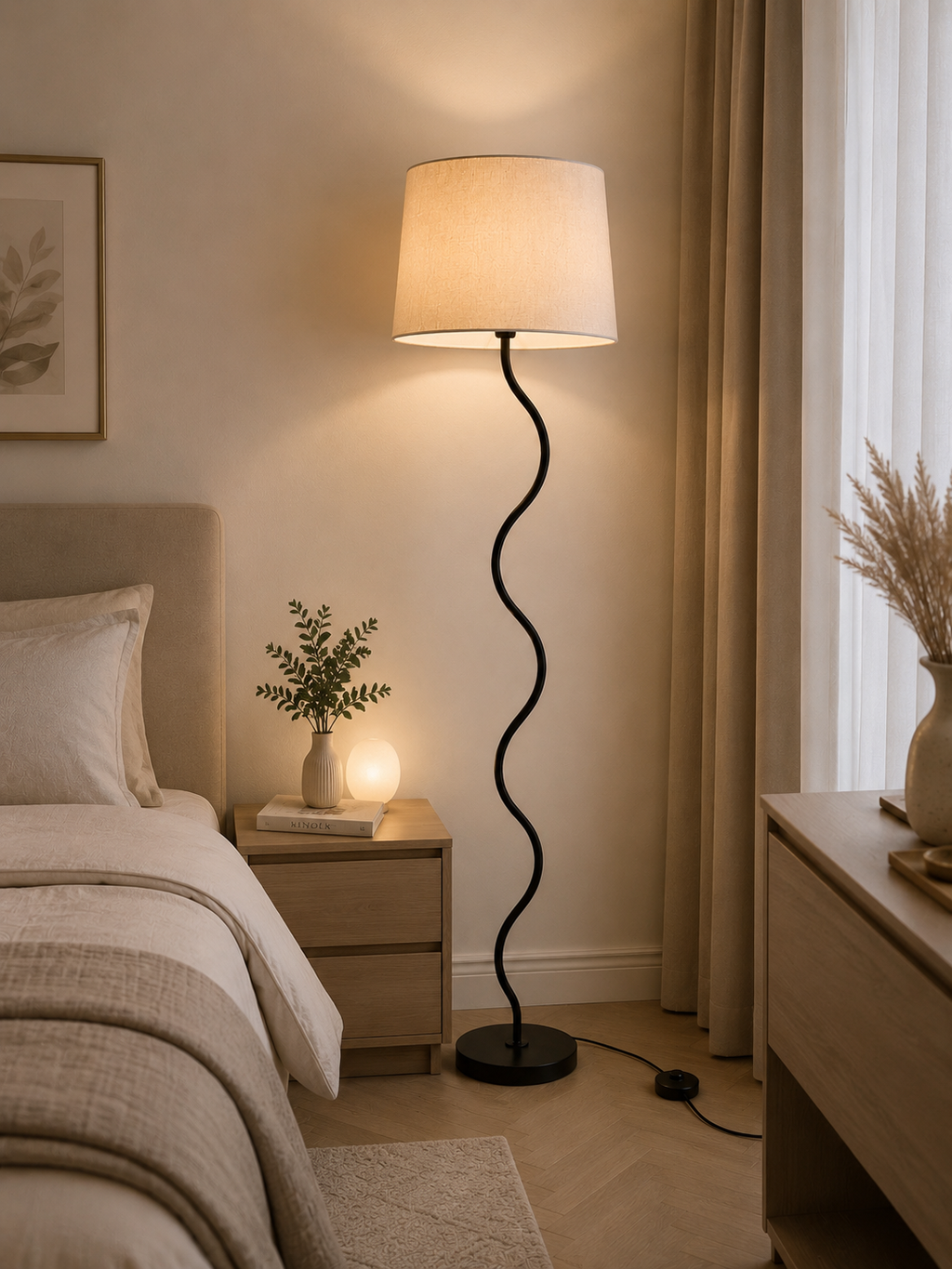 Modern Wave Floor Lamp with Fabric Shade | Contemporary Standing Lamp for Living Room & Bedroom