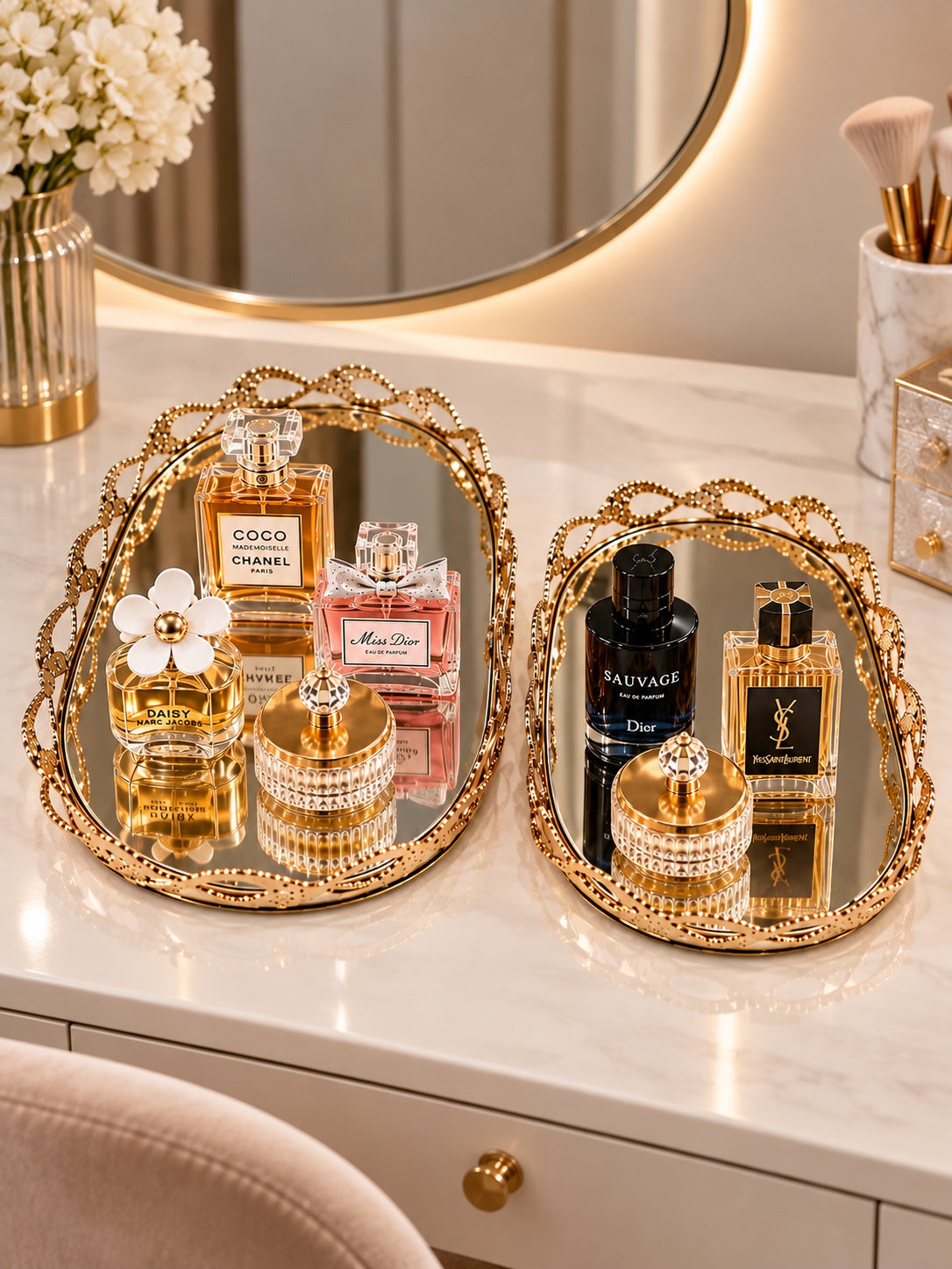 Luxury Gold Oval Mirrored Decorative Tray Set of 2