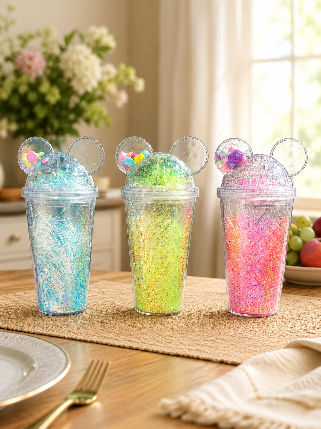 Mickey Ears Dome Lid Double-Walled Sipper – Colorful Tinsel Glitter Kids Tumbler