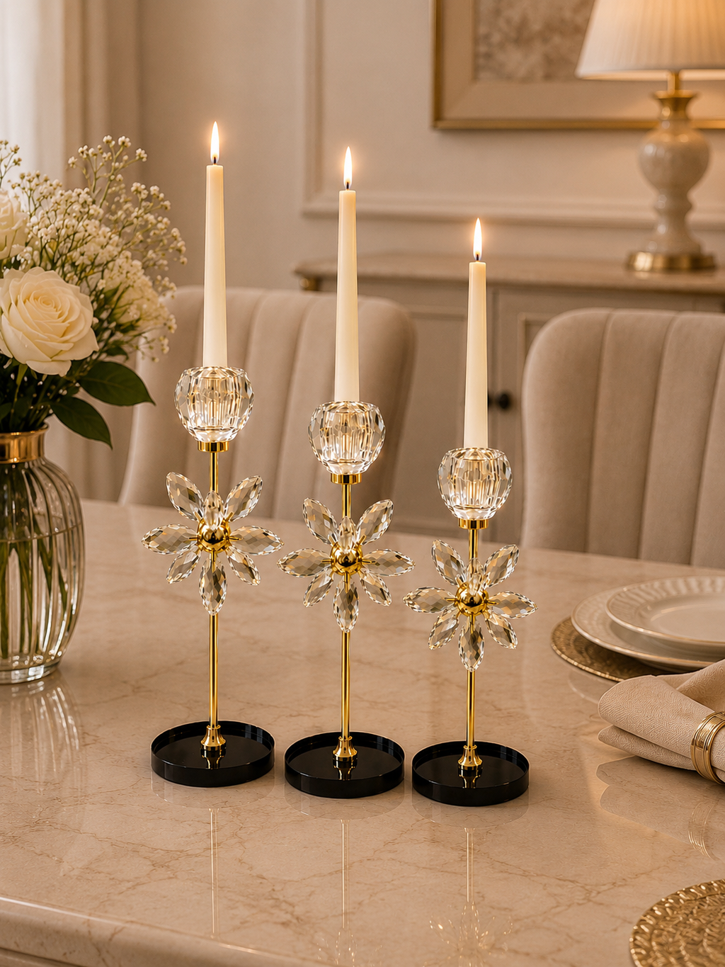 Luxury Crystal Flower Candle Holder Set of 3 – Modern Glass Taper Candle Stand with Black Base