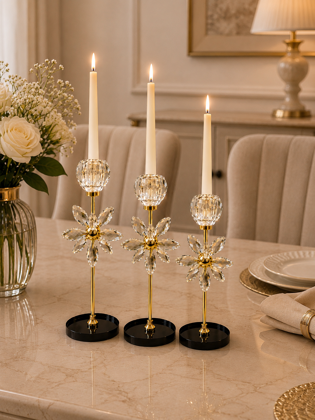 Luxury Crystal Flower Candle Holder Set of 3 – Modern Glass Taper Candle Stand with Black Base