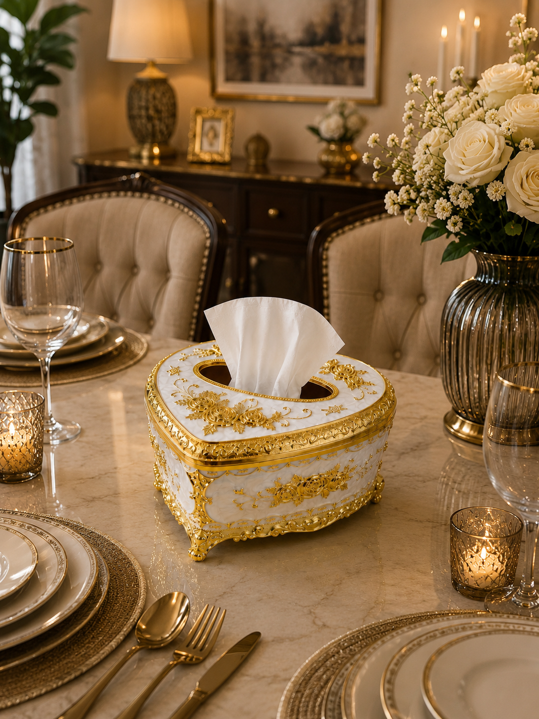 Luxury Vintage Metal Tissue Box Holder | Gold & White Floral Decorative Tissue Case for Living Room, Dining Table & Office