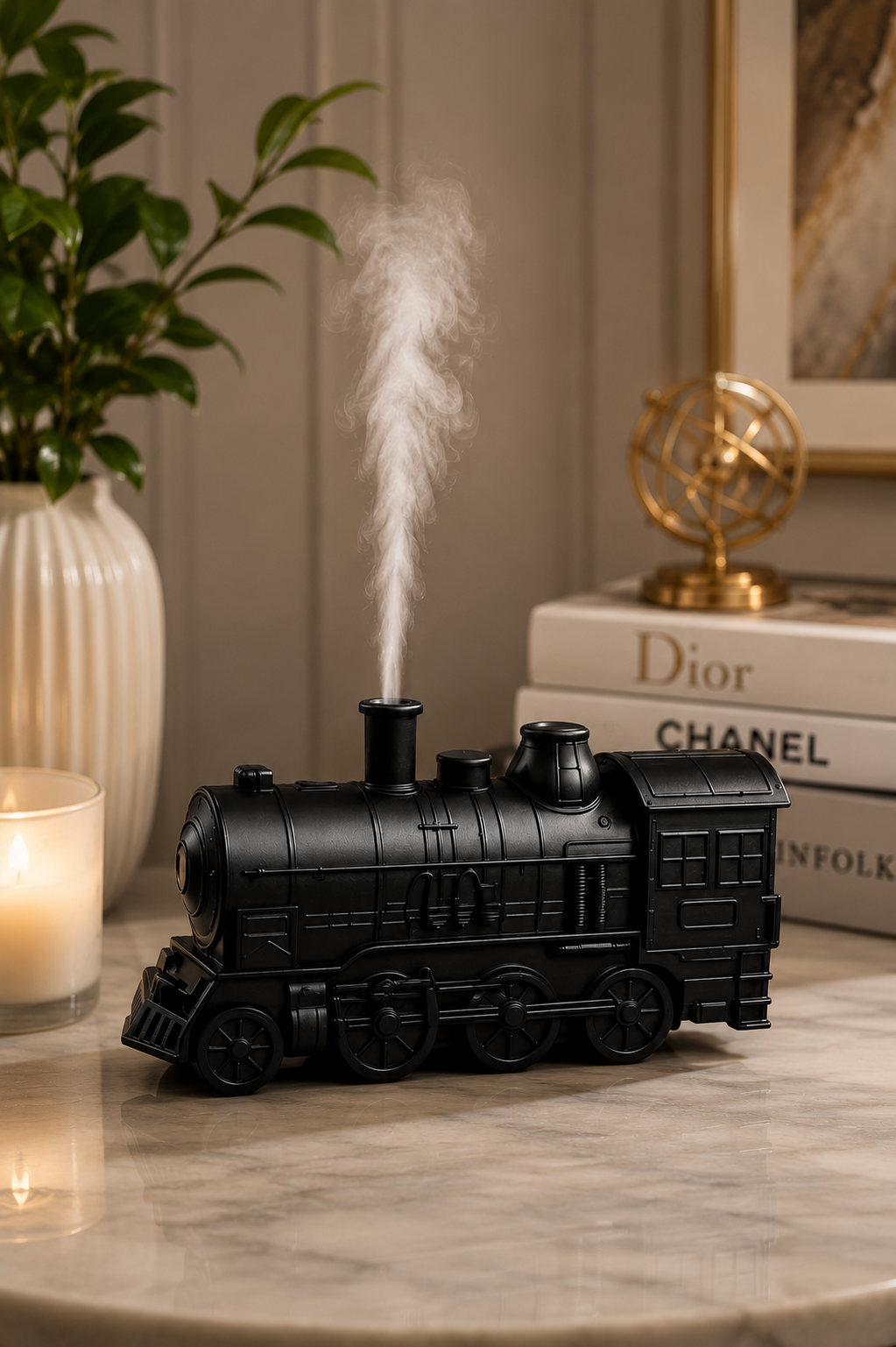 Vintage Steam Train Aroma Diffuser Humidifier with Realistic Smoke Effect | Ultrasonic Essential Oil Diffuser | Black Decorative Home Décor