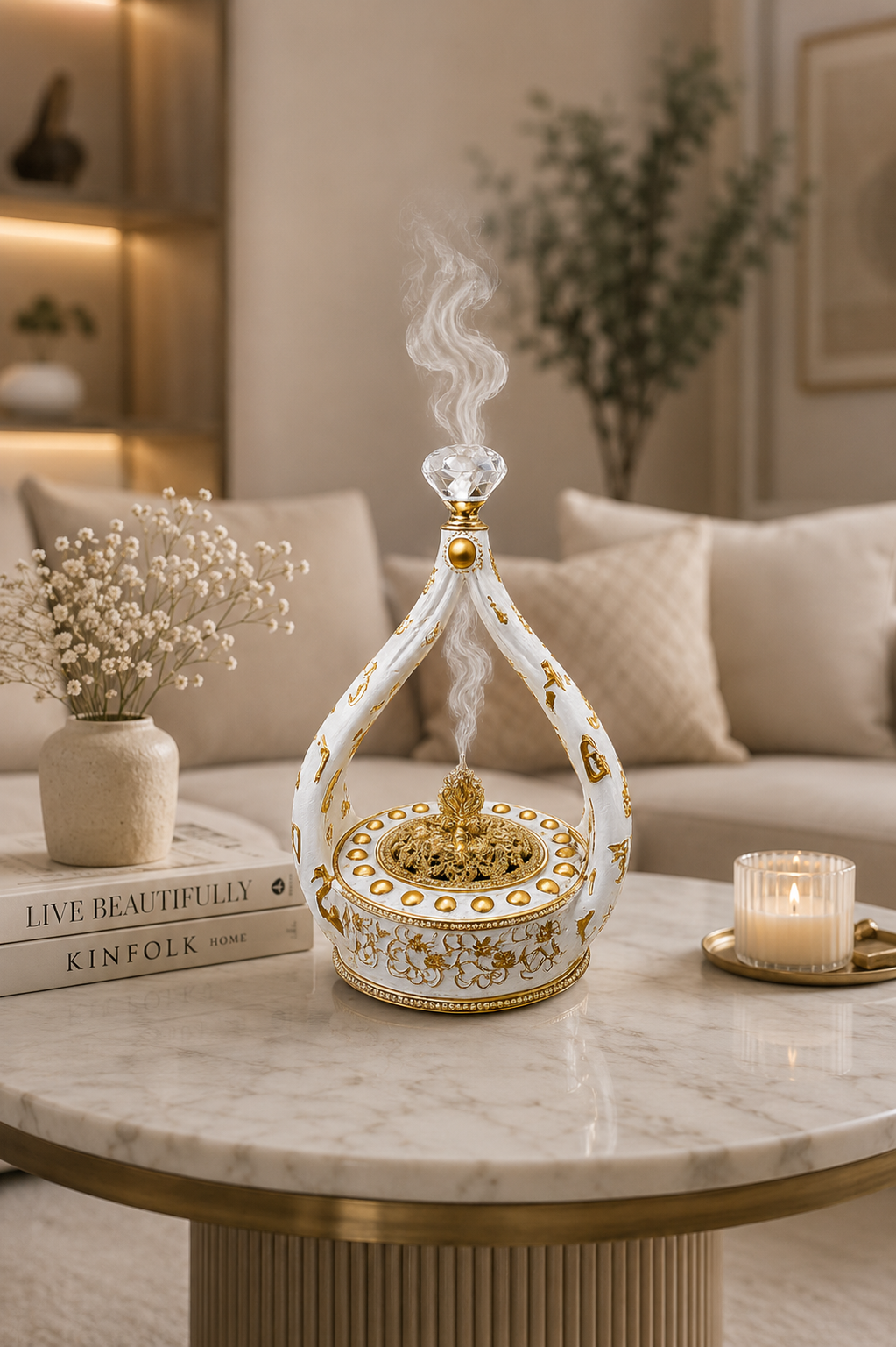 Luxury White & Gold Decorative Bakhoor Burner with Crystal Handle | Traditional Incense Burner | Islamic Home Décor