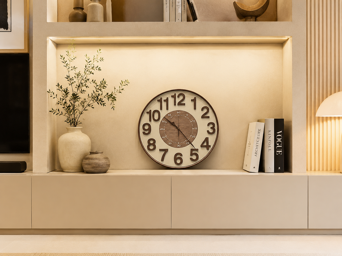 Modern Vintage Large Round Wall Clock – Wooden Center & 3D Arabic Numerals | Silent Luxury Home Décor