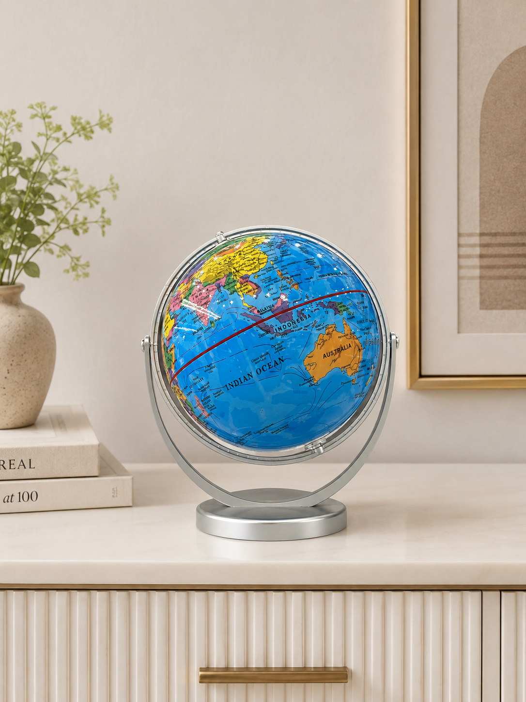 360° Rotating World Globe – Plastic Decorative Globe with Silver Stand | Educational & Office Desk Décor