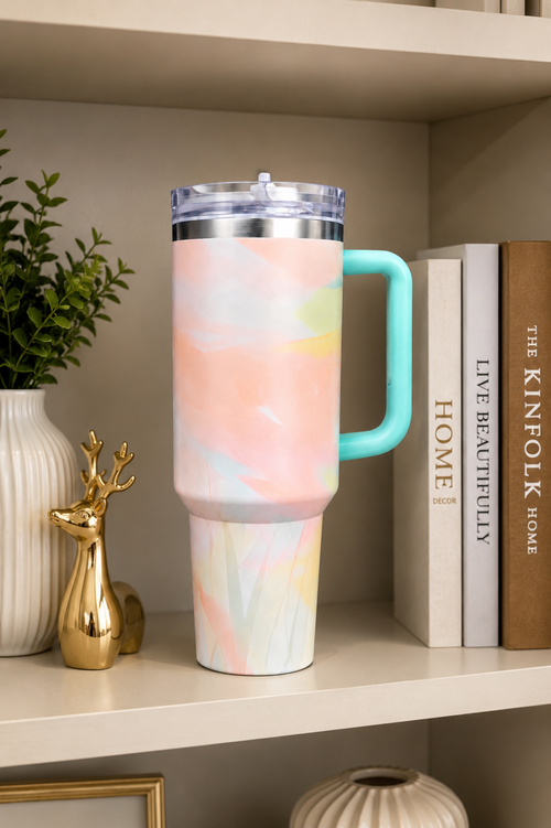 40oz Pastel Marble Stainless Steel Travel Tumbler with Handle & Straw Lid – Insulated Vacuum Mug