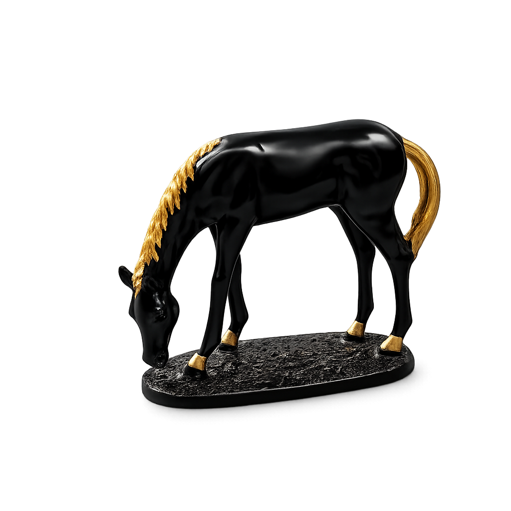 Fiber Horse "Elegant Horse" Grazing Horse Statue – 5-Inch Luxury Black & Gold Resin Art Figurine For Exquisite Home & Office Decor