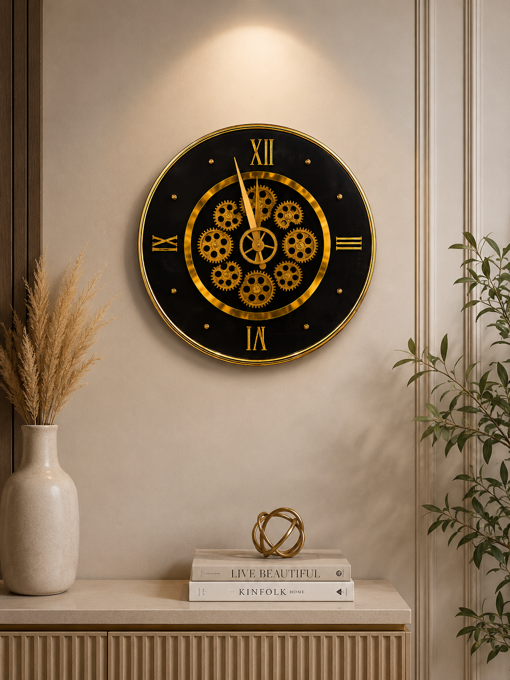 Luxury Black & Gold Moving Gear Wall Clock – Modern Roman Numeral Silent Decorative Wall Clock