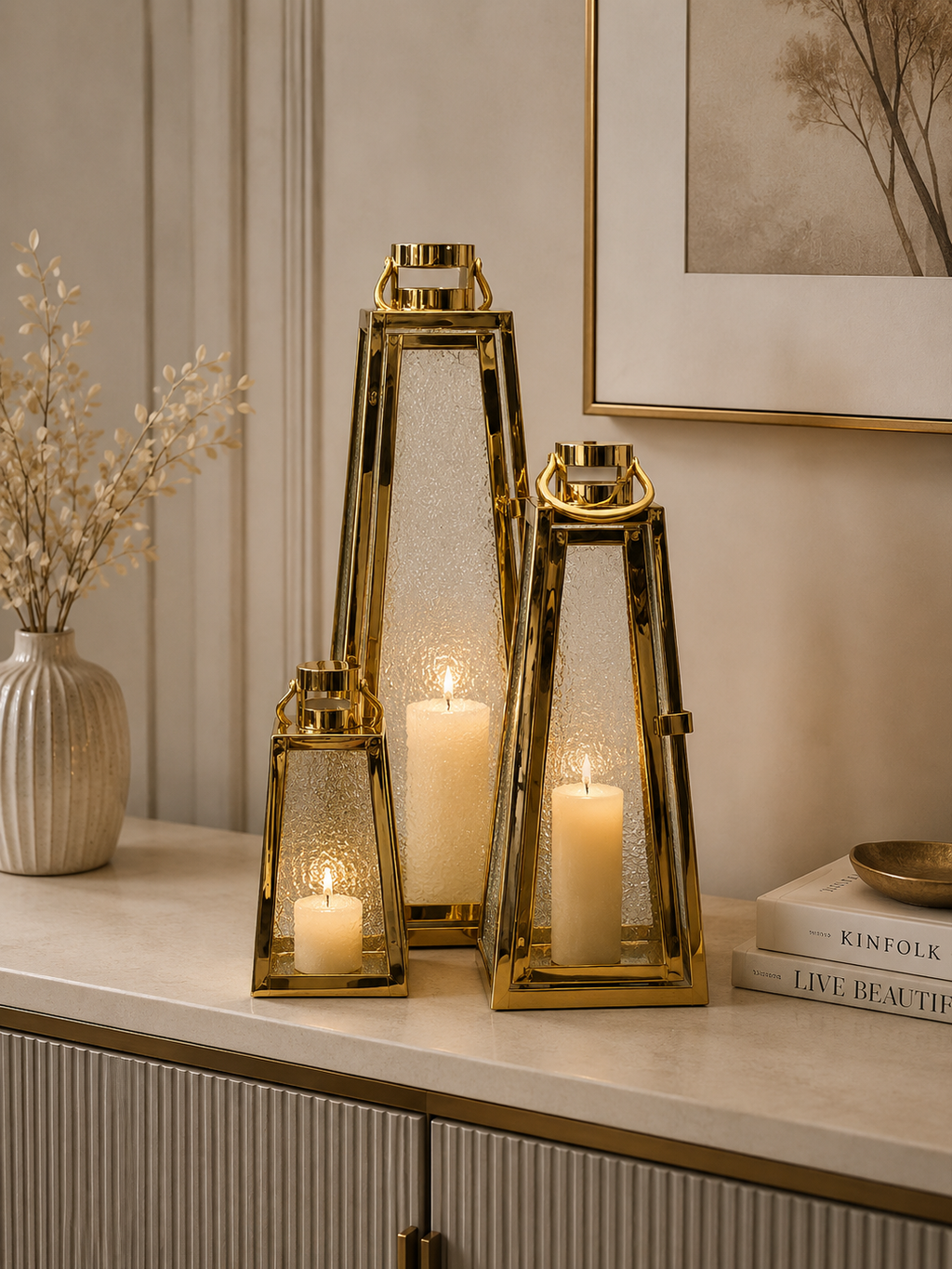 3-Piece Gold Metal & Textured Glass Lantern Candle Holder Set | Decorative Lanterns