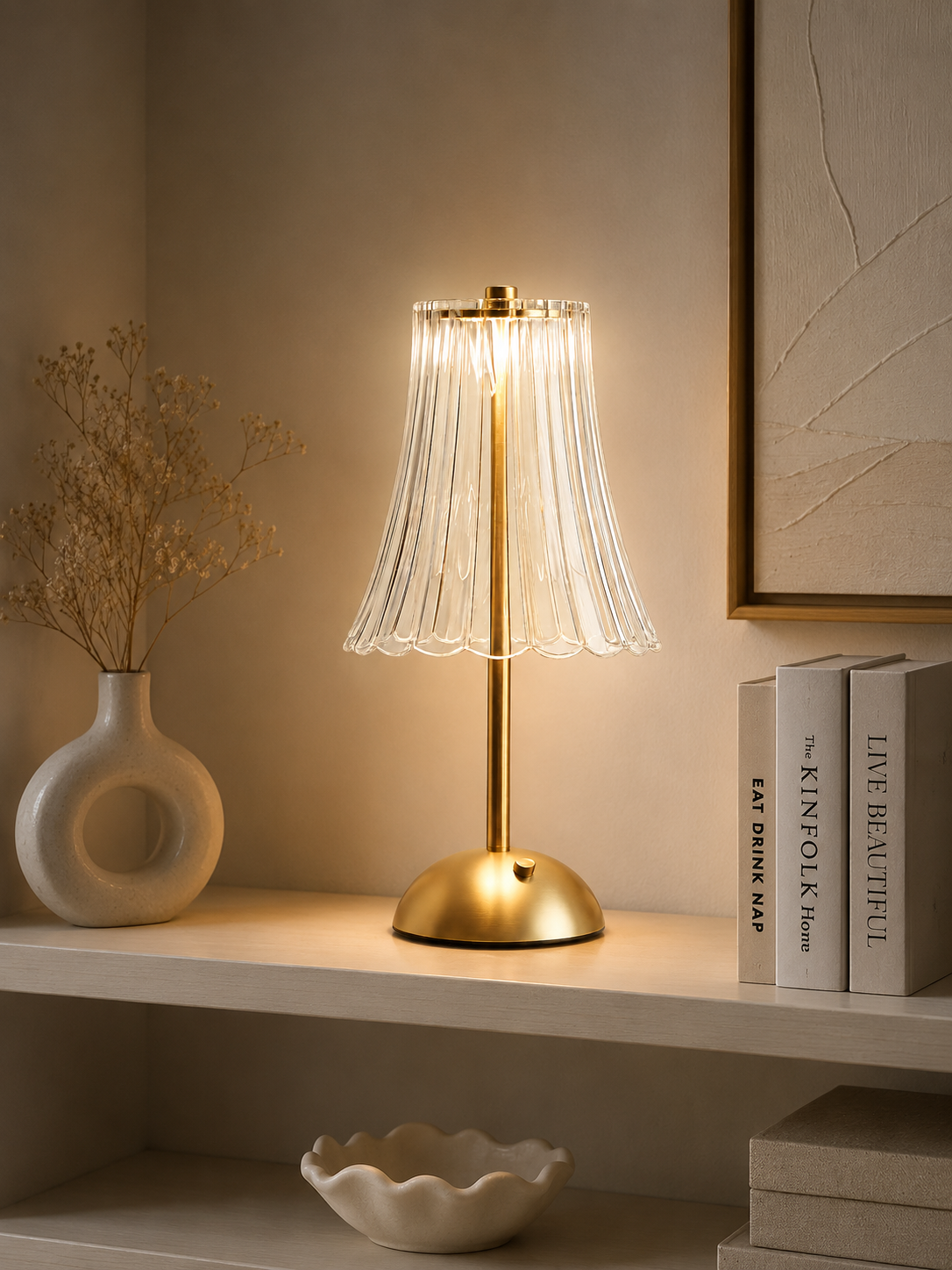 Modern Gold LED Table Lamp with Acrylic Pleated Shade | Luxury Rechargeable Desk Lamp