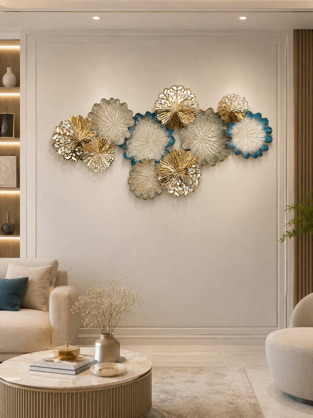 Luxury Gold & Blue Metal Wall Art | Modern Floral Wall Décor for Living Room & Bedroom