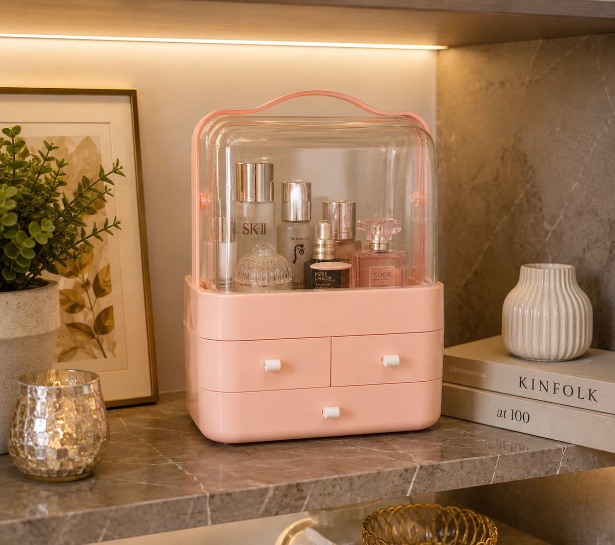 Elegant Pink Makeup &amp; Jewelry Organizer with Transparent Cover