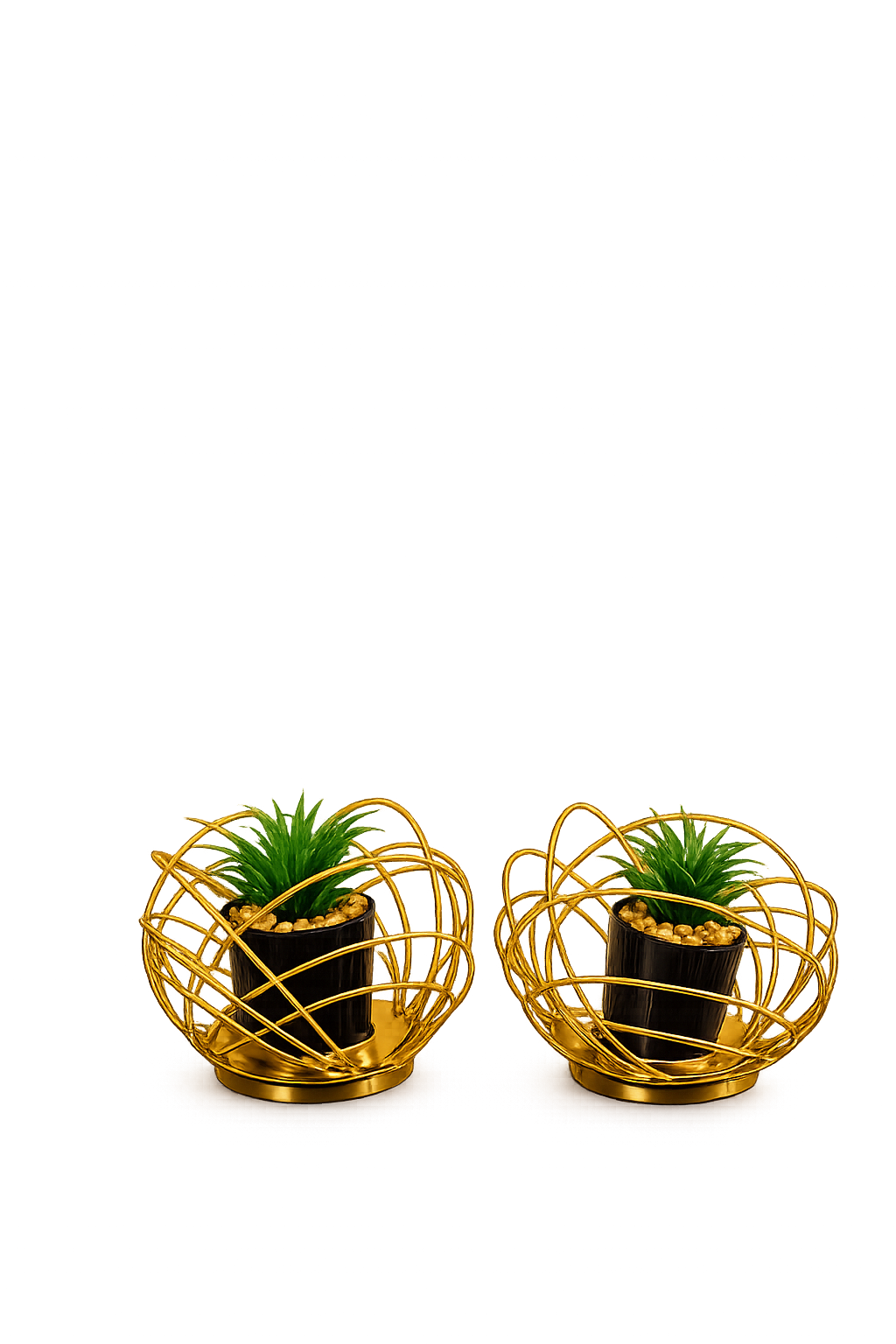 Luxury Gold Geometric Metal Planter Set with Artificial Plant – Modern Decorative Tabletop Flower Pot (Set of 2)