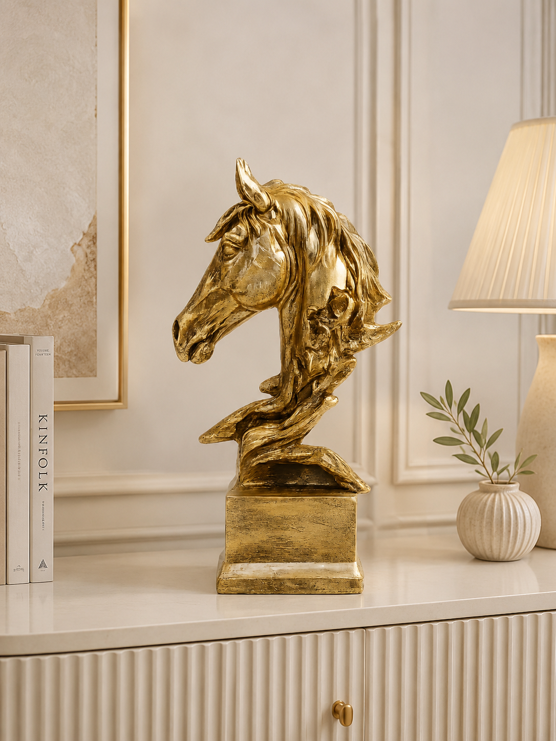 Luxury Golden Horse Head Sculpture | Modern Resin Horse Statue | Elegant Tabletop Home Décor Accent