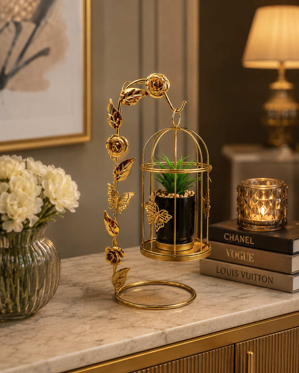 Luxury Golden Decorative Hanging Planter Stand with Bird Cage Pot Holder