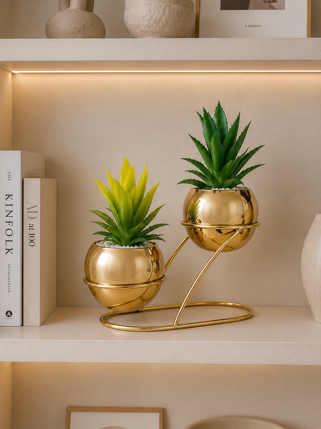 Modern Gold Metal Double Planter Stand – Decorative Dual Flower Pot Holder for Indoor Home & Office Décor