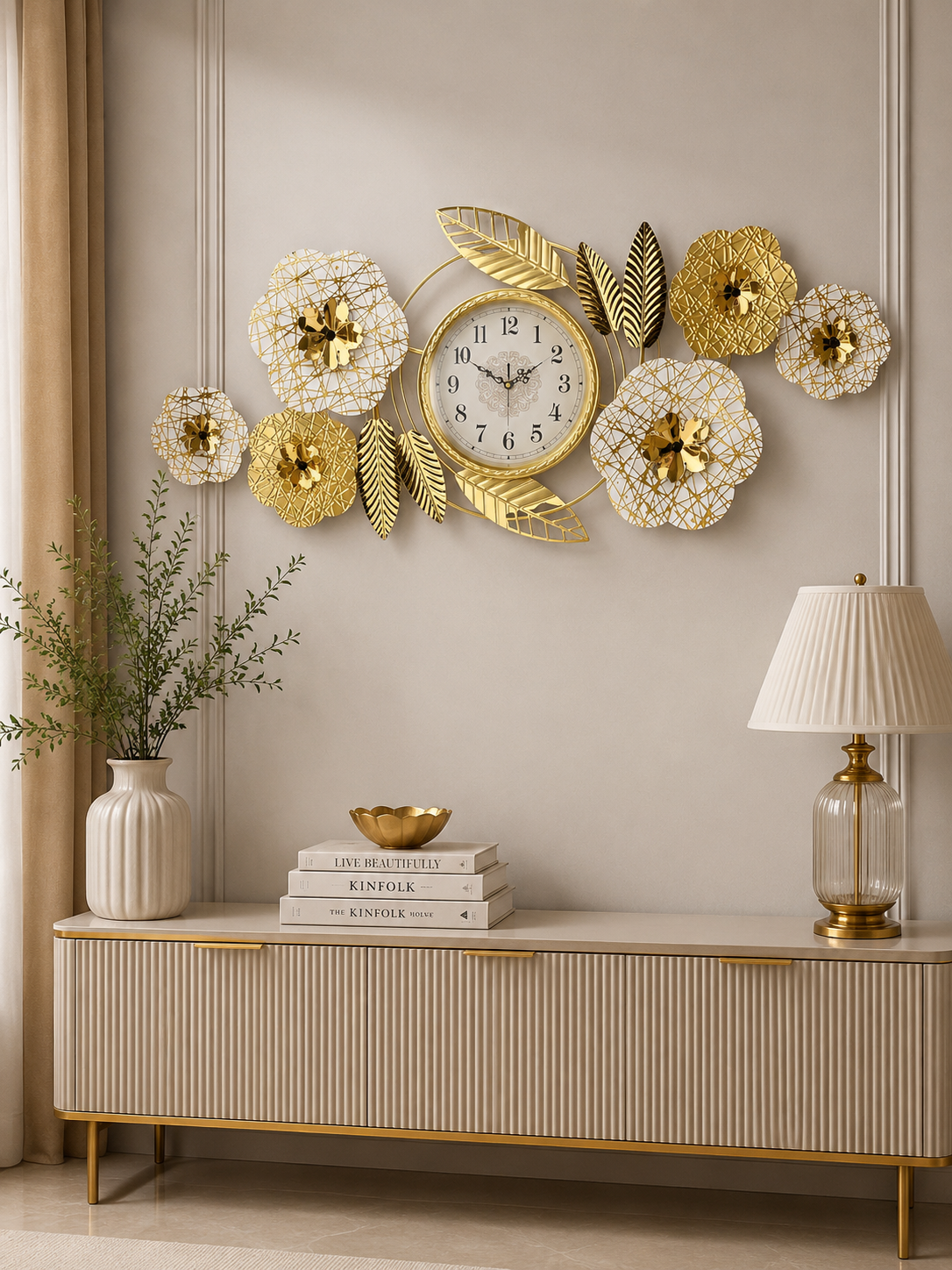 Luxury Golden Floral Leaf Wall Clock – Elegant Decorative Metal Wall Art Clock