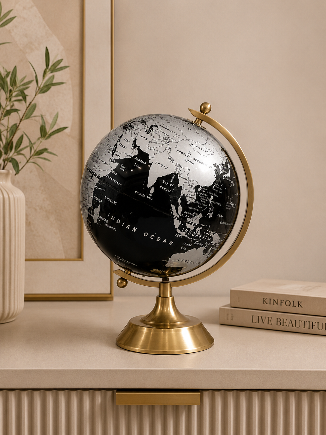 Luxury Black & Silver World Globe with Gold Stand – Decorative Rotating Tabletop Globe