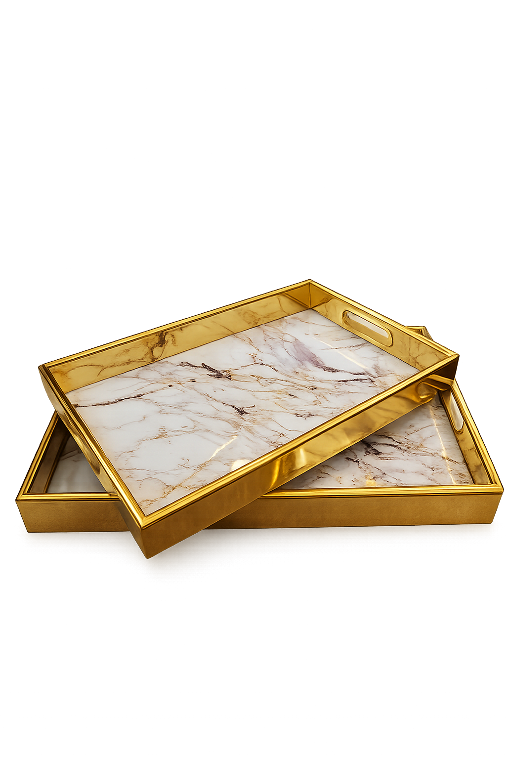 Luxury Gold Marble Serving Tray Set | Metal Decorative Coffee Table Trays | Nesting Vanity & Ottoman Organizer (Set of 2)