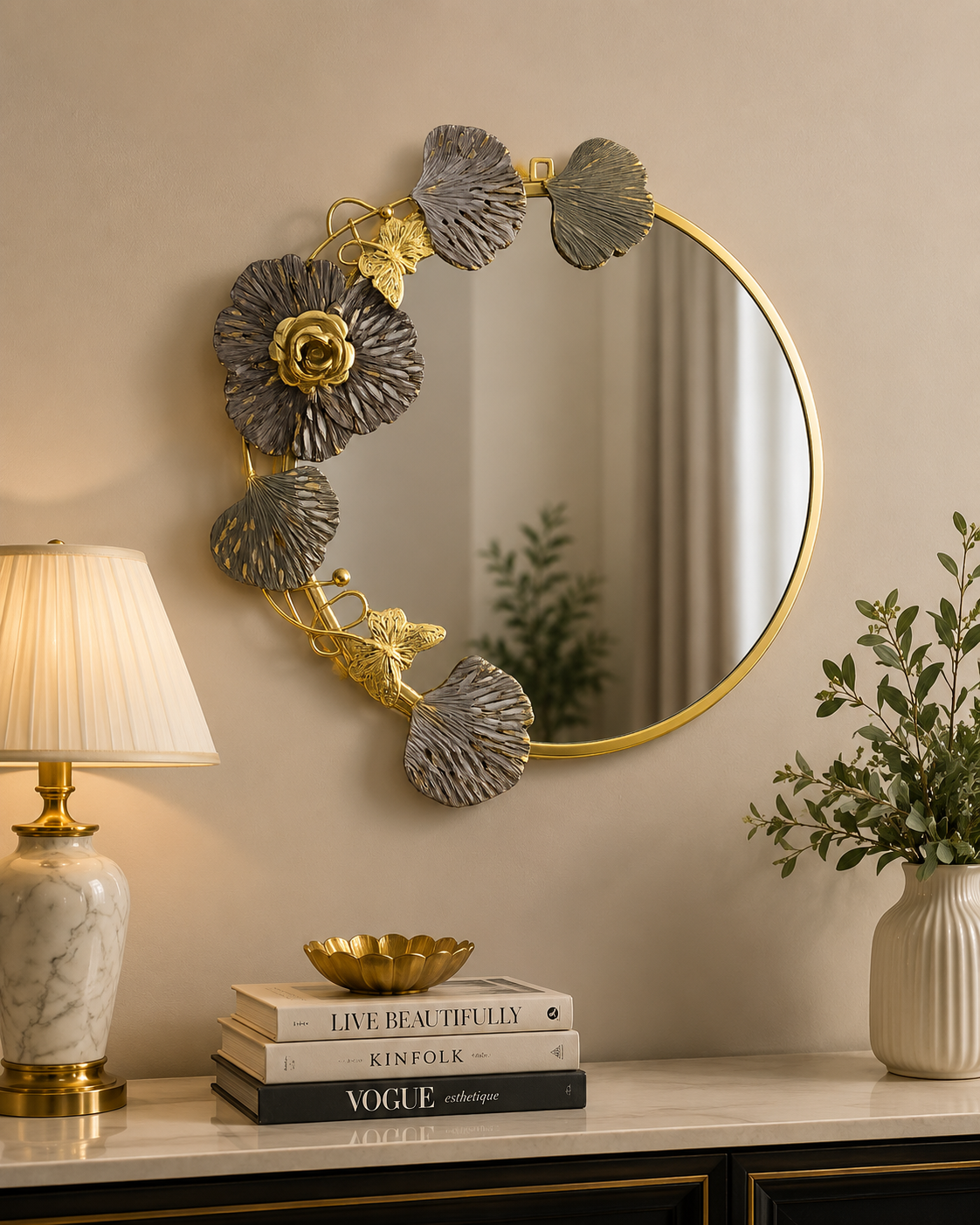 Luxury Floral Round Wall Mirror | Gold Metal Decorative Mirror with Floral Leaf Frame | Modern Wall Décor for Living Room, Bedroom & Entryway