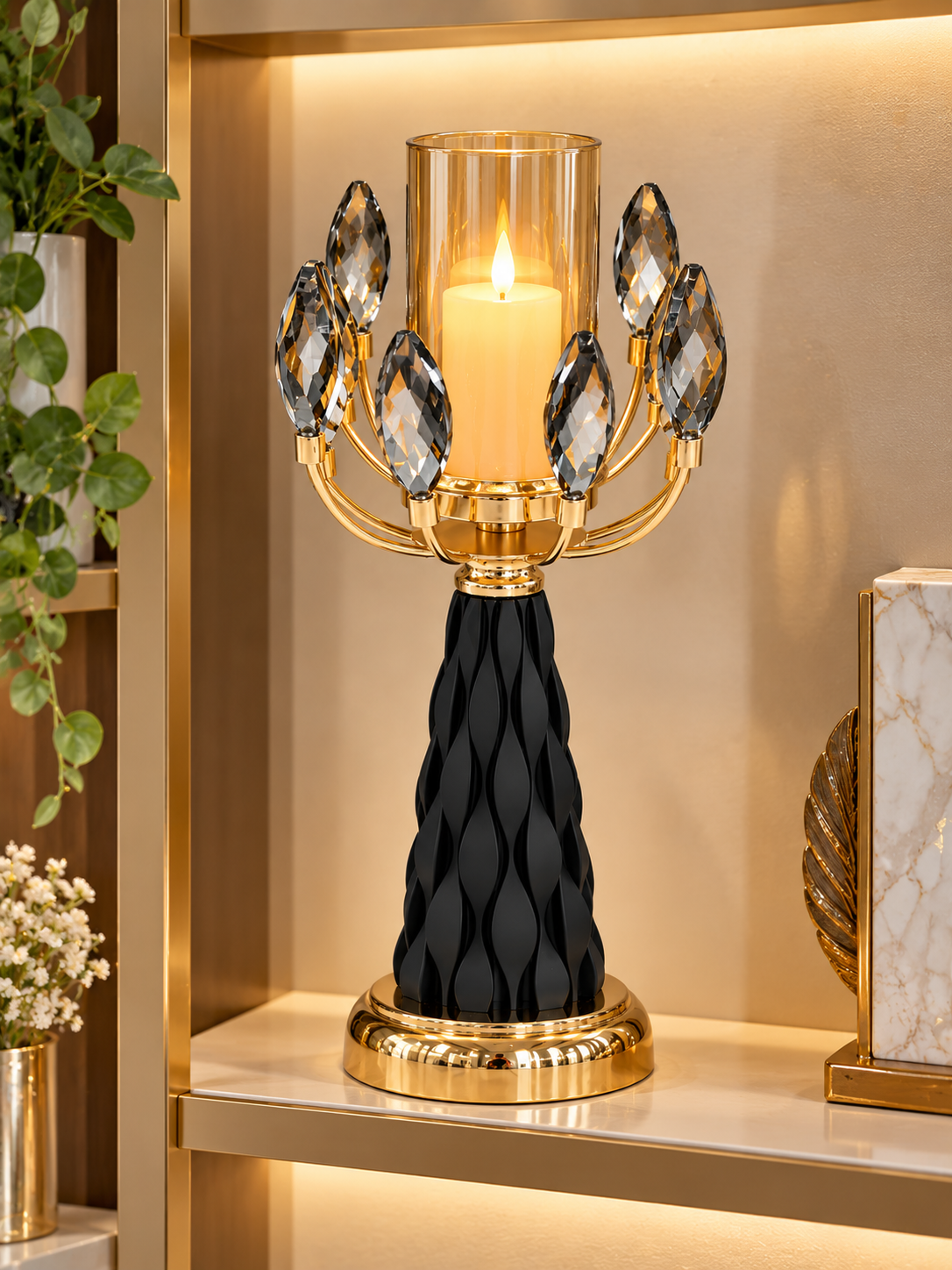 Luxury Black & Gold Crystal Candle Holder – Elegant Leaf Design