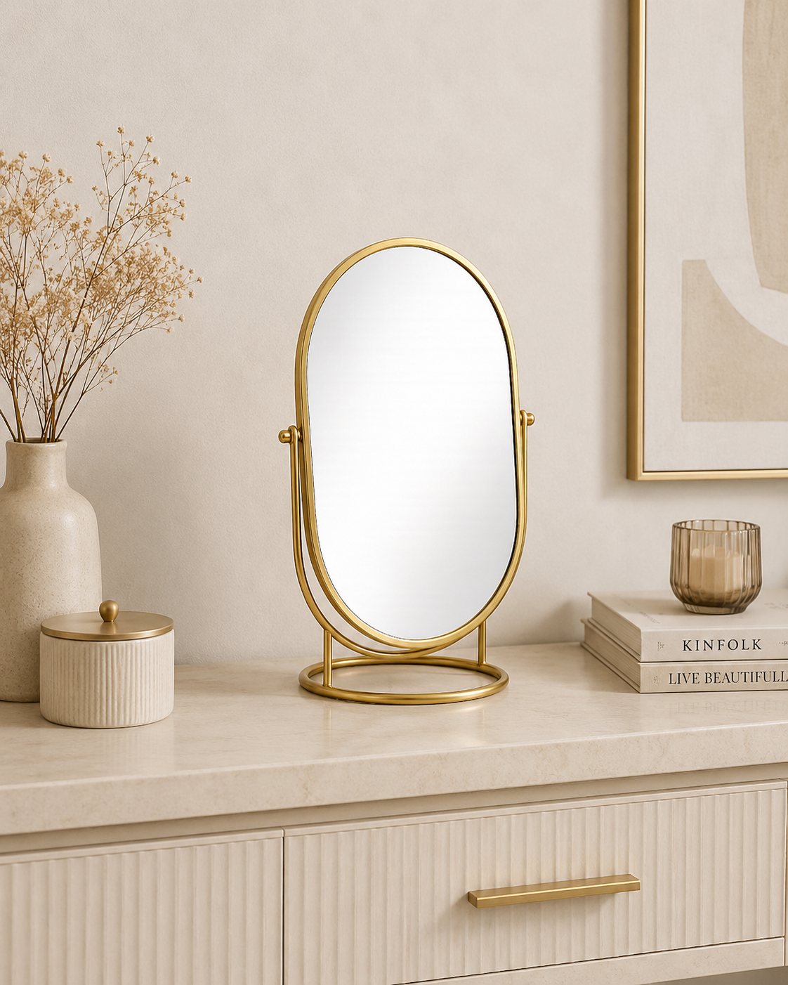 Luxury Gold Oval Tabletop Vanity Mirror – Double-Sided Rotating Makeup Mirror | Modern Metal Desk Mirror