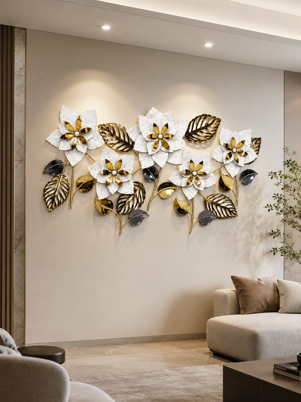 Luxury White & Gold Floral Metal Wall Art | Modern 3D Wall Décor for Living Room