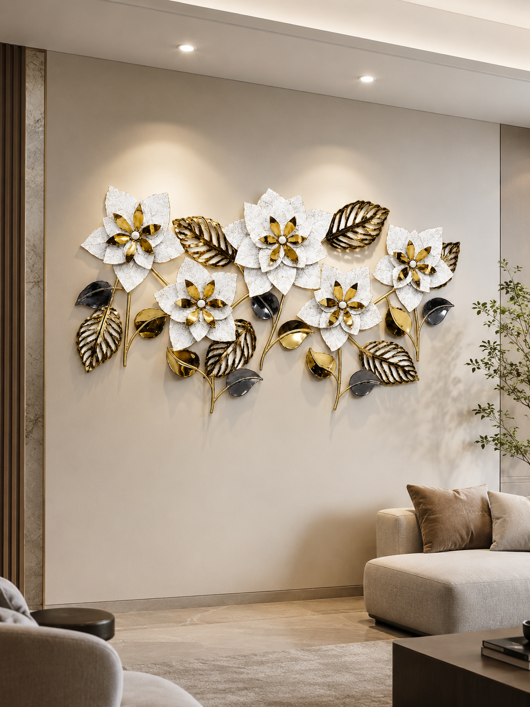 Luxury White & Gold Floral Metal Wall Art | Modern 3D Wall Décor for Living Room