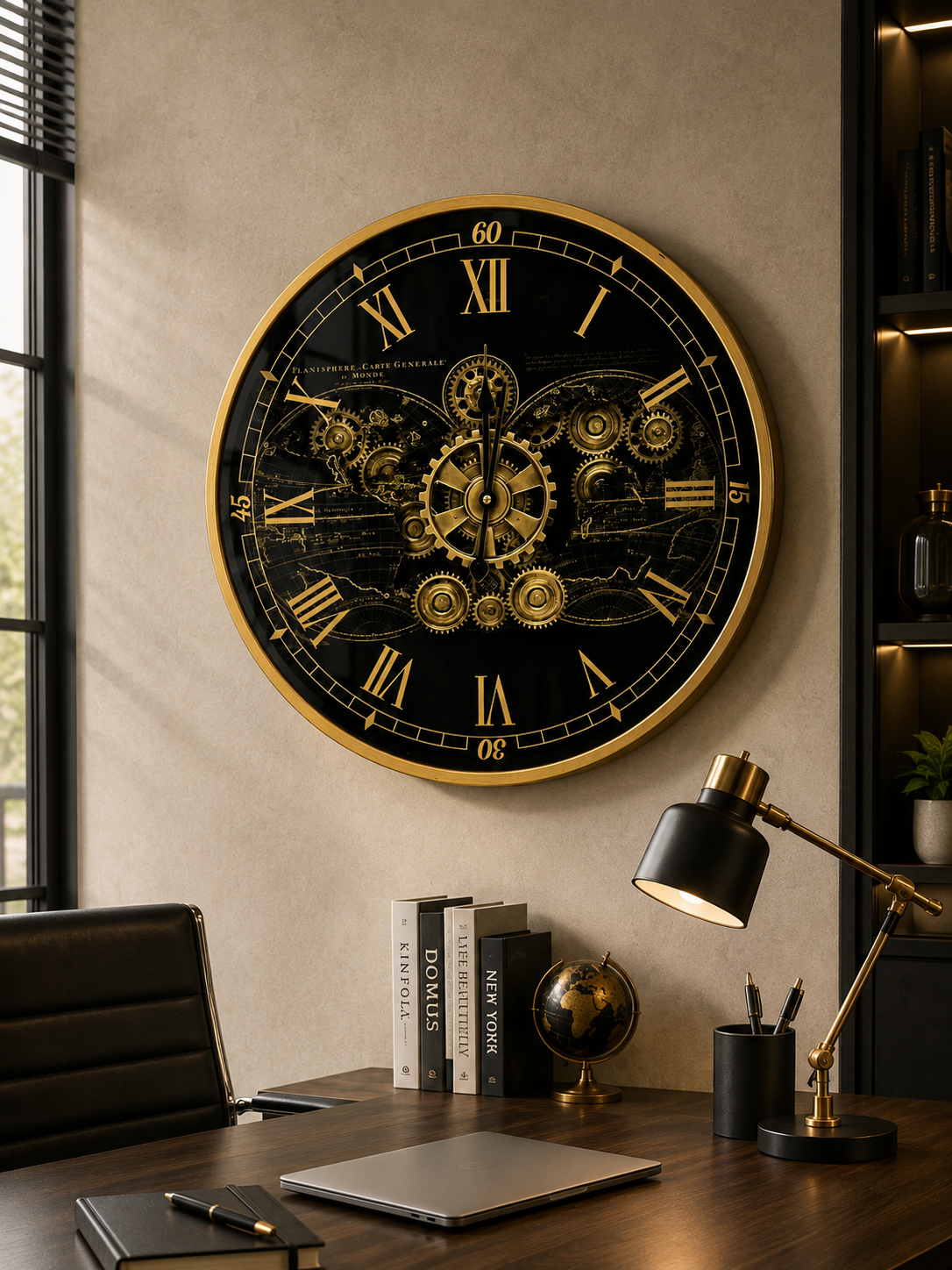 Luxury Black & Gold Vintage World Map Gear Wall Clock
