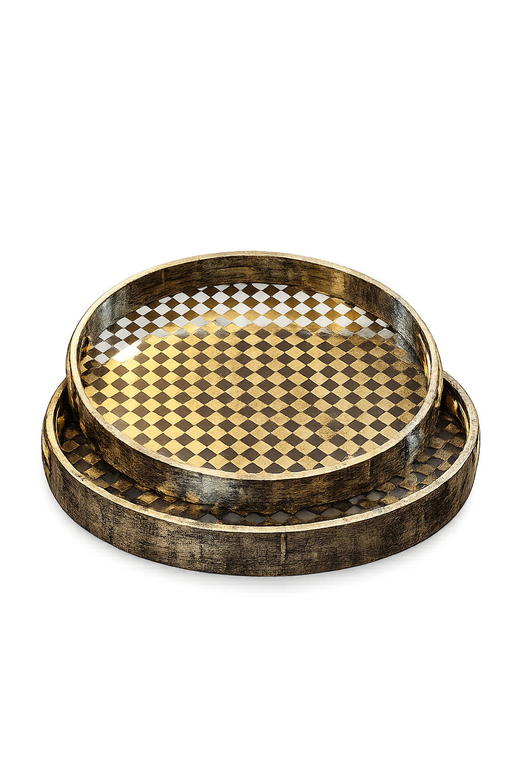 Luxury Round Decorative Serving Tray Set – Gold Checkered Metal Trays (Set of 2)