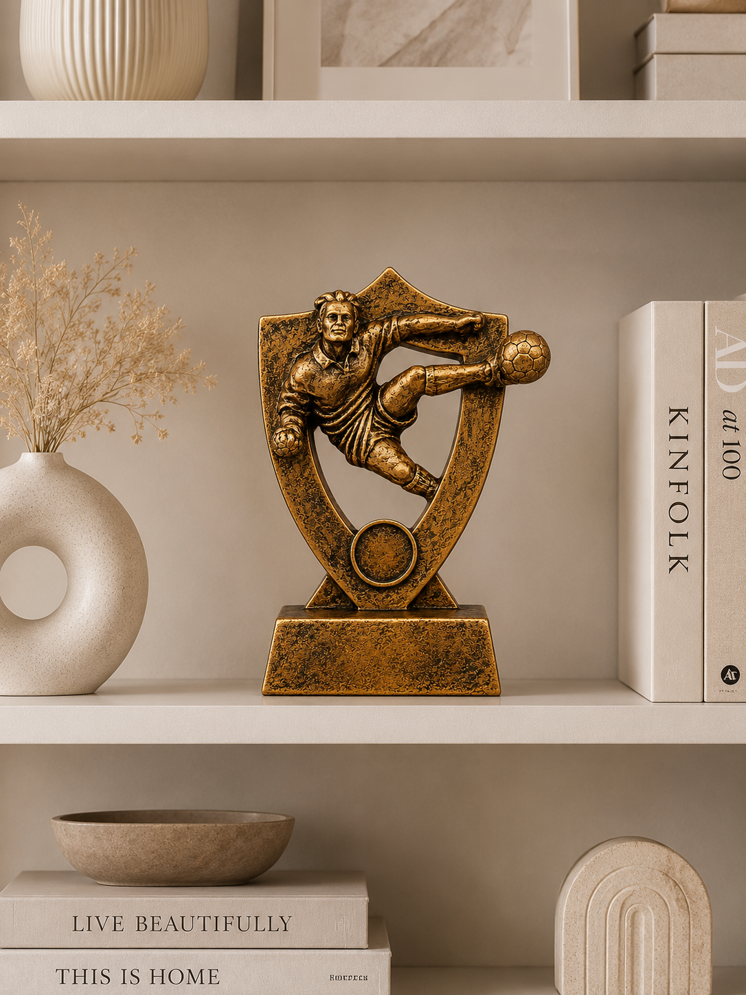 Football Player Trophy Sculpture – Antique Gold Resin Sports Award Decor for Home & Office