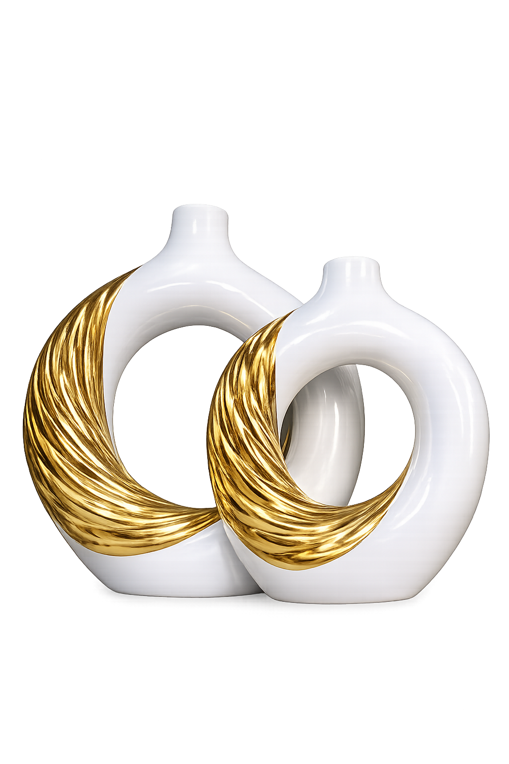 Modern White & Gold Ceramic Vase Set | Hollow Decorative Donut Vases | Luxury Home Décor (Set of 2)