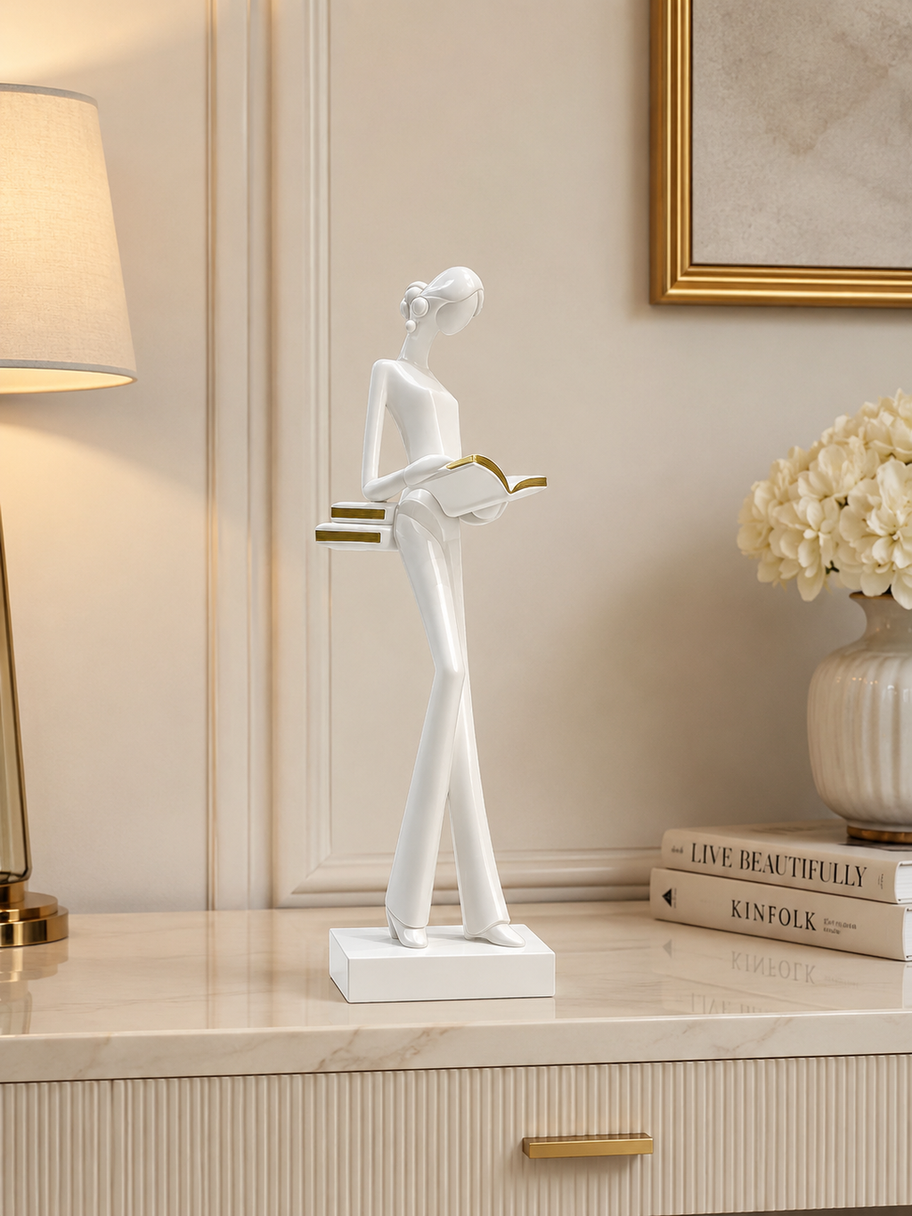 Elegant Lady Reading Book Sculpture | Modern White Resin Home Decor Figurine