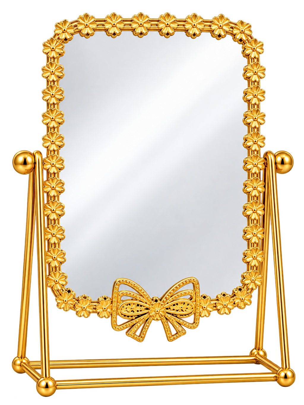 Luxury Gold Floral Tabletop Vanity Mirror with Decorative Bow Frame – Elegant Dressing Table Mirror