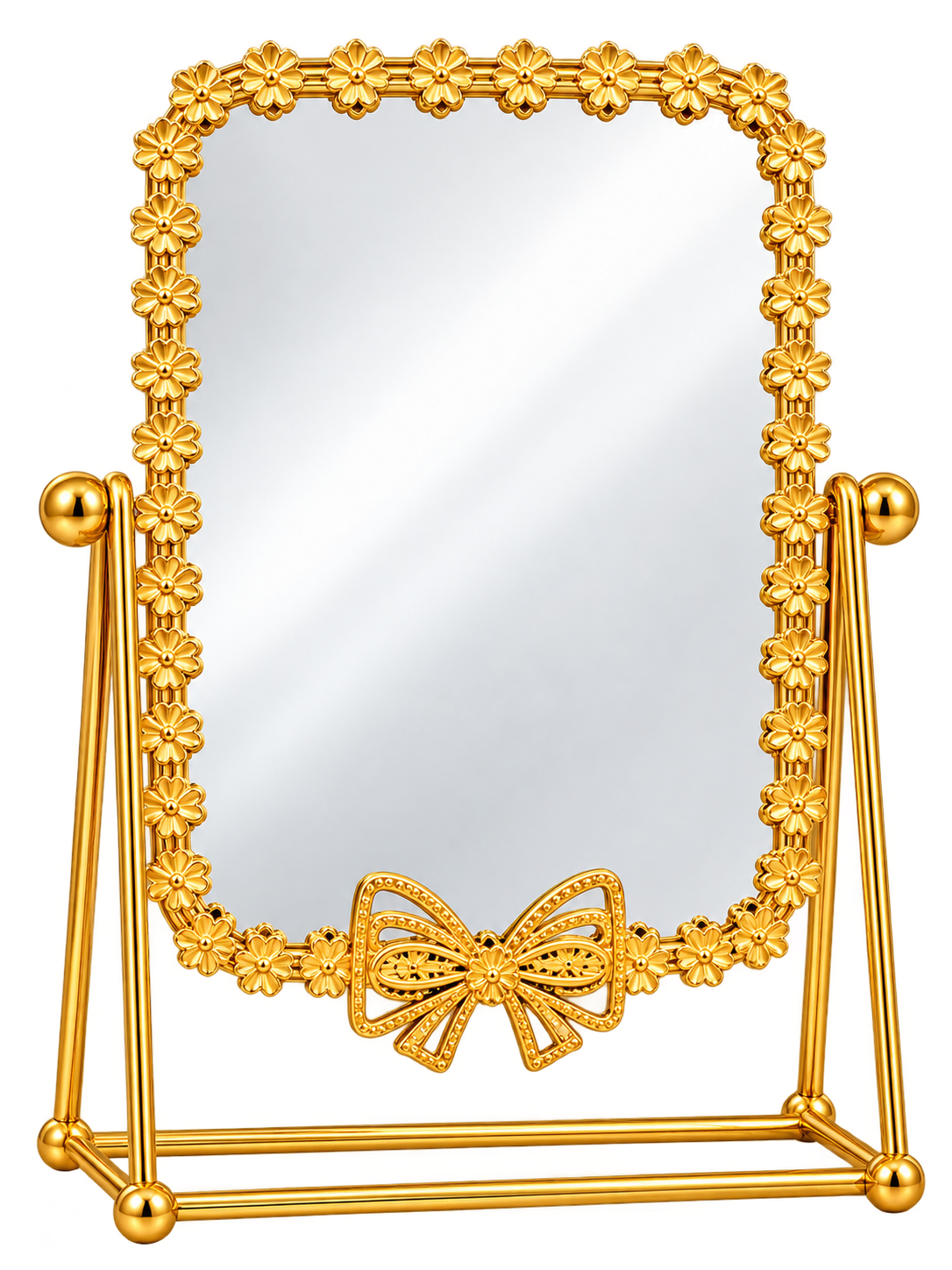Luxury Gold Floral Tabletop Vanity Mirror with Decorative Bow Frame – Elegant Dressing Table Mirror