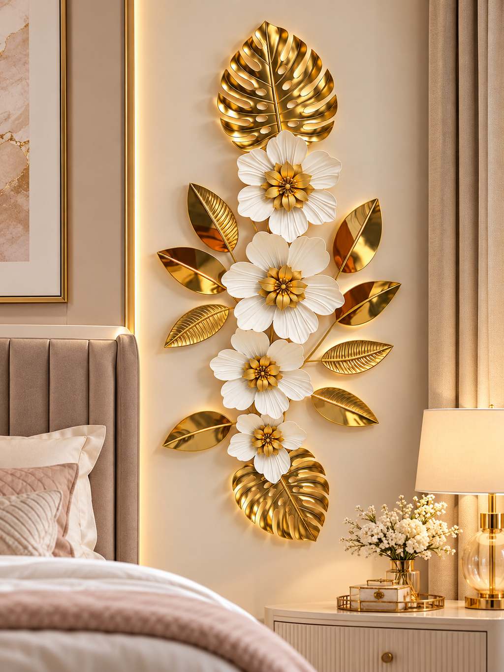 Luxury White & Gold Floral Leaf Wall Art – Elegant 3D Botanical Metal Décor
