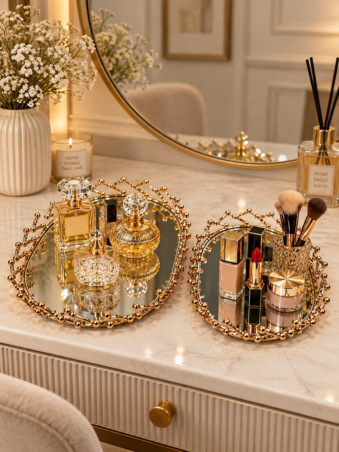 Luxury Golden Beaded Decorative Mirror Tray Set – Elegant Vanity & Home Décor