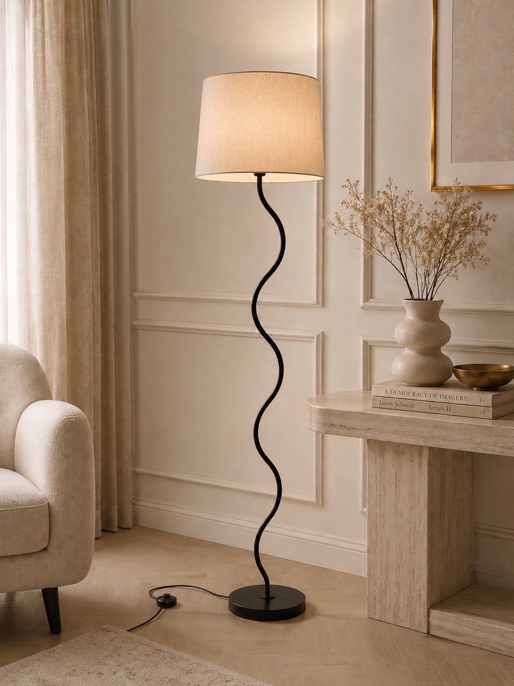 Modern Wave Floor Lamp with Fabric Shade | Contemporary Standing Lamp for Living Room & Bedroom
