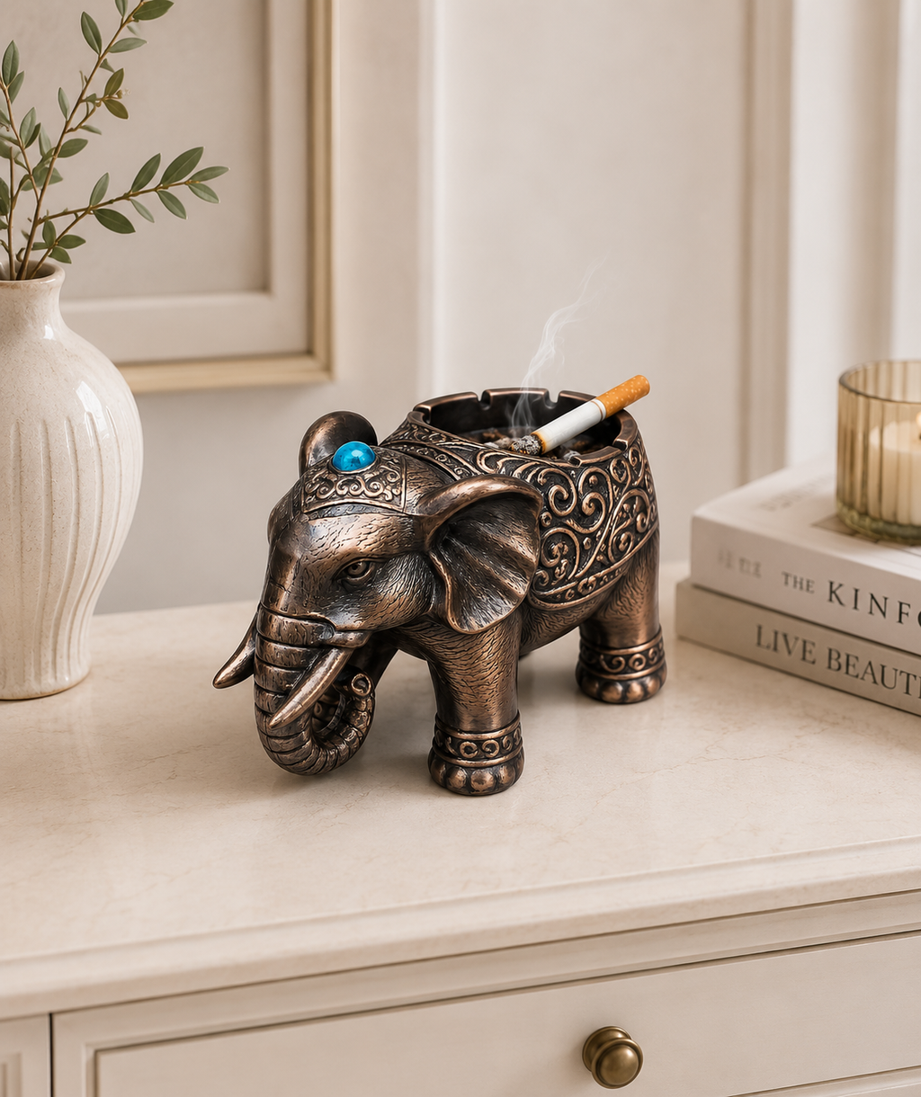 Luxury Elephant Ashtray – Decorative Resin Cigarette Ashtray with Antique Bronze Finish | Home & Office Table Decor