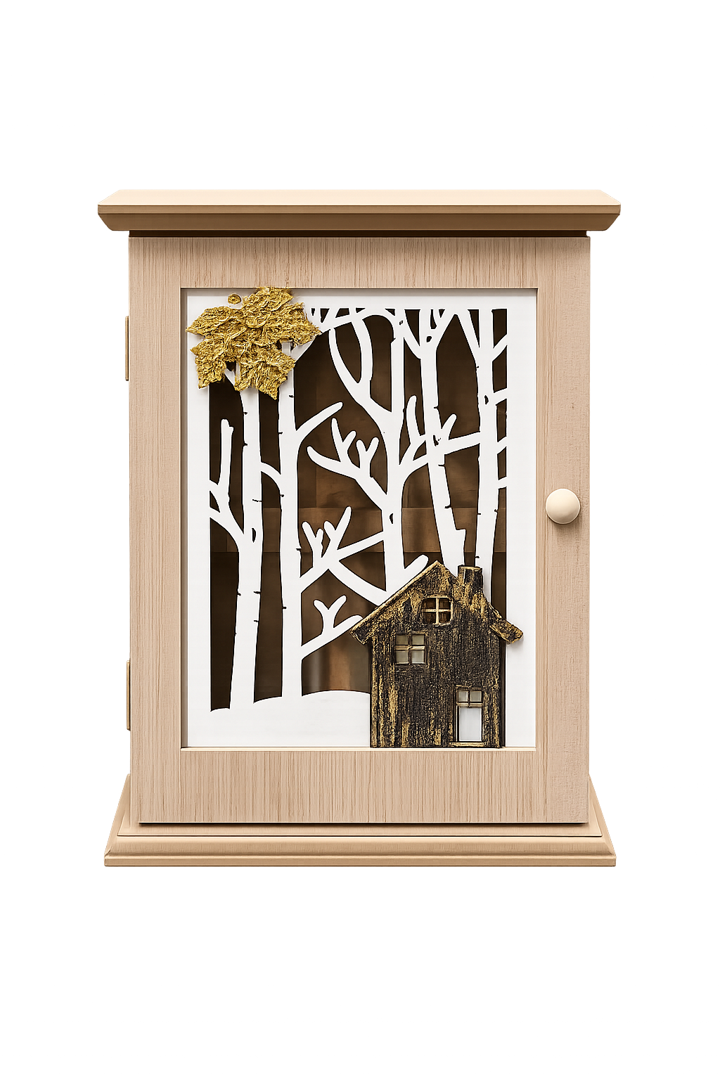 Decorative Wooden Wall-Mounted Key Holder Cabinet with Forest House Design