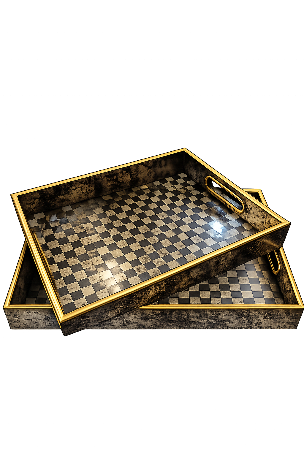 Luxury Black & Gold Checkered Decorative Serving Tray Set (2 Pieces)