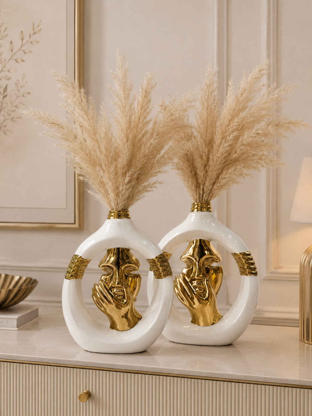 Luxury Face Design Ceramic Vase Set of 2 | Modern White & Gold Decorative Flower Vases | Home Décor