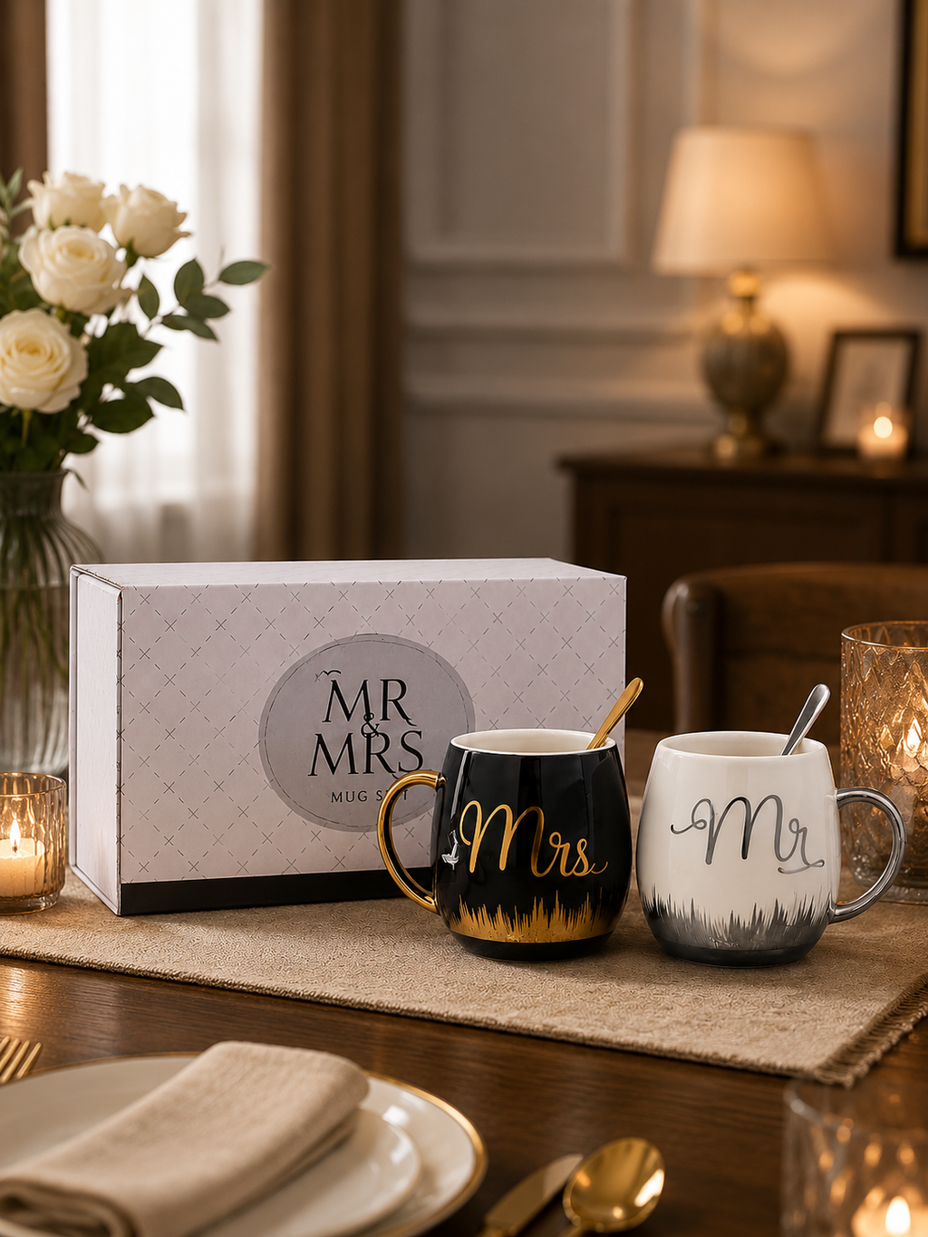 Luxury Mr. & Mrs. Ceramic Couple Mug Gift Set – Gold & Silver Accent Coffee Cups with Box