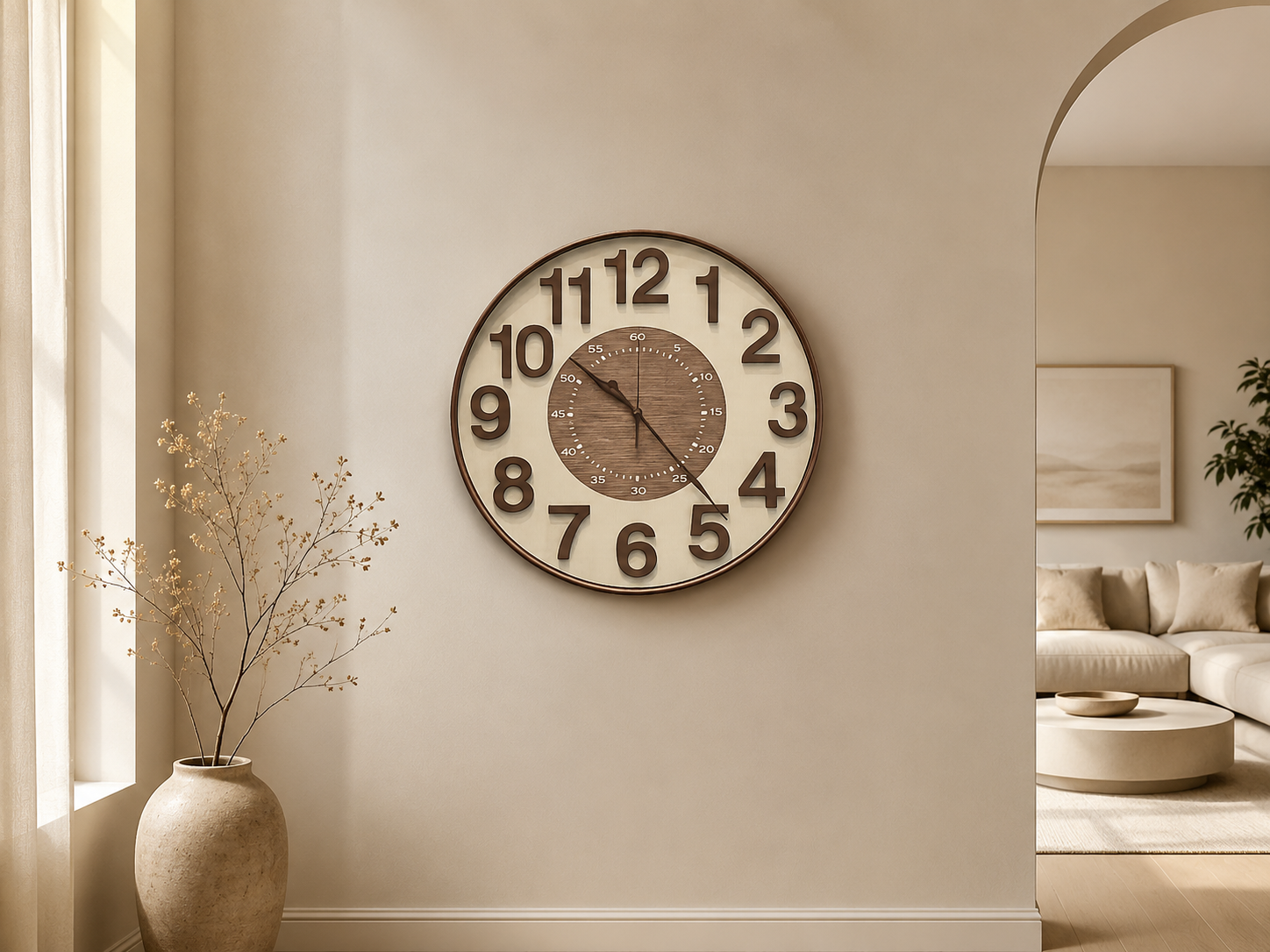 Modern Vintage Large Round Wall Clock – Wooden Center & 3D Arabic Numerals | Silent Luxury Home Décor