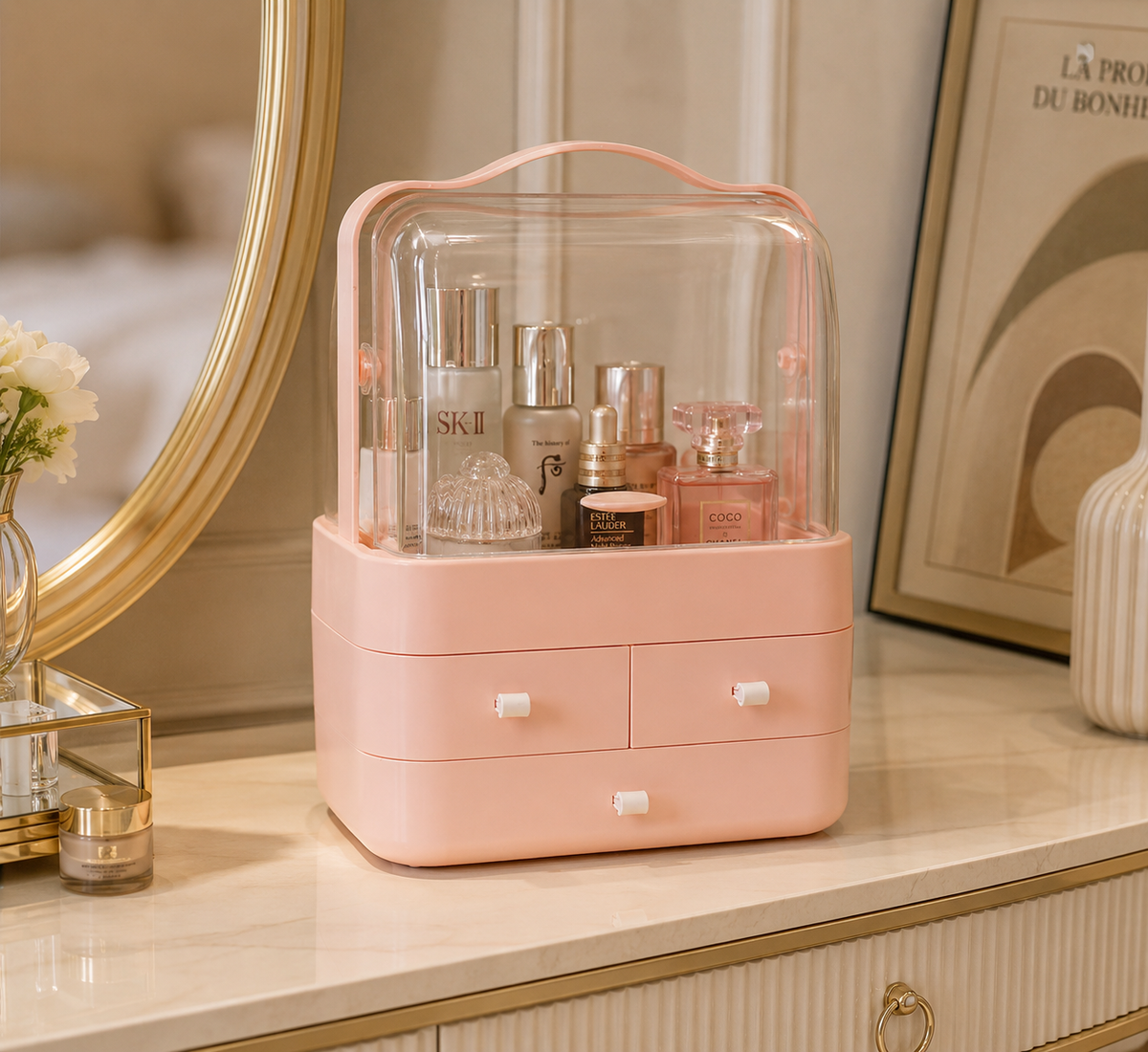 Elegant Pink Makeup &amp; Jewelry Organizer with Transparent Cover