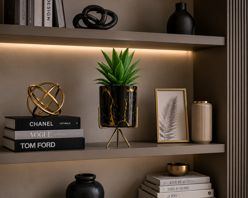 Modern Black & Gold Artificial Succulent Planter with Metal Stand