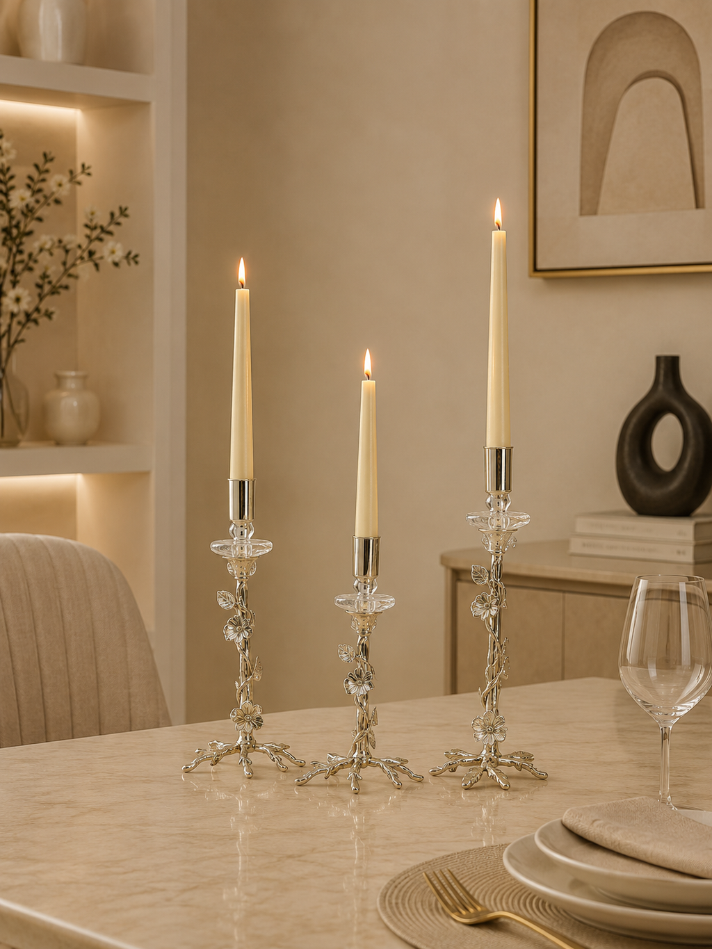 3-Piece Floral Metal Taper Candle Holder Set – Decorative Gold & Silver Finish Candlestick Holders for Table Centerpieces