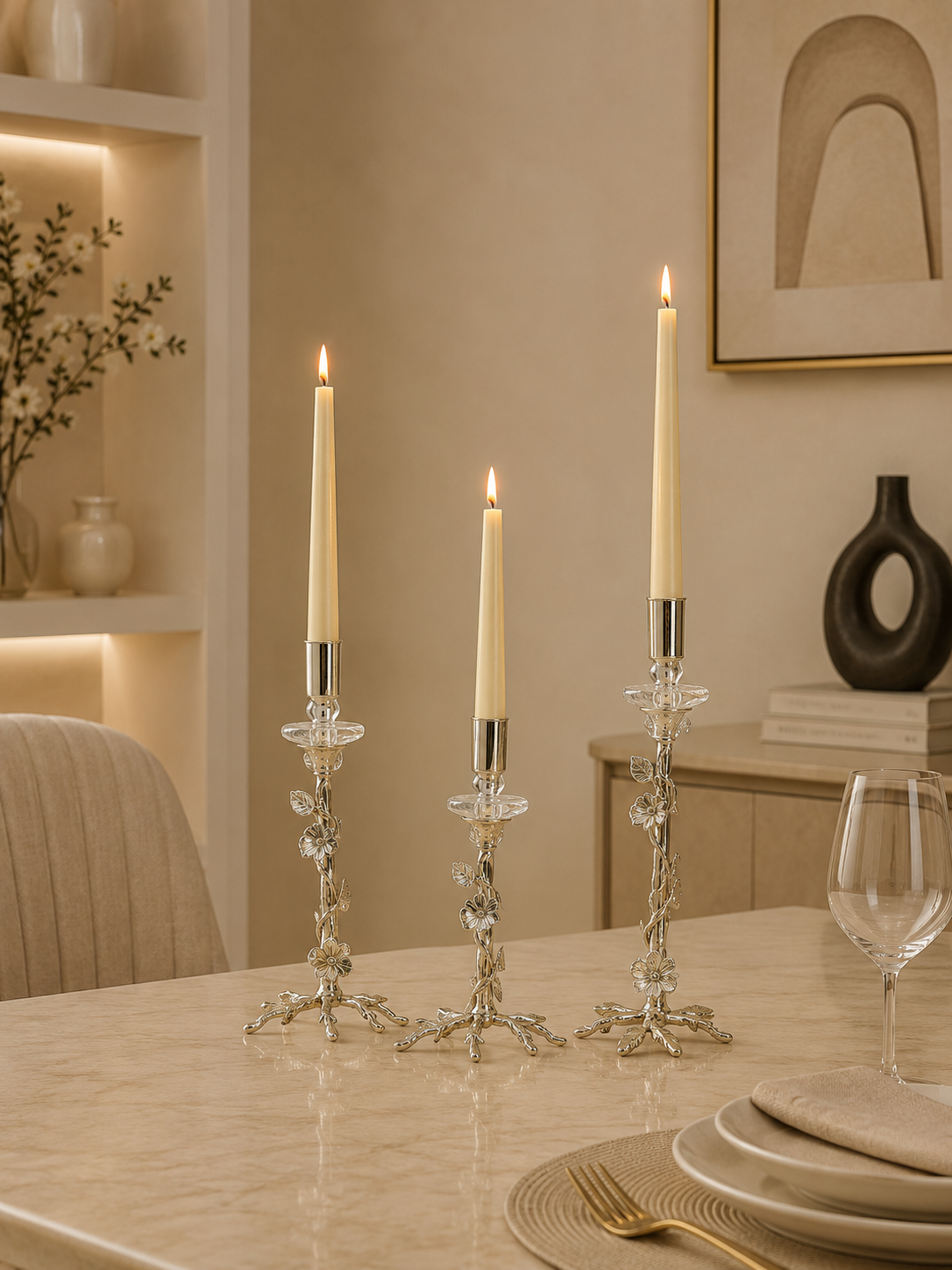3-Piece Floral Metal Taper Candle Holder Set – Decorative Gold & Silver Finish Candlestick Holders for Table Centerpieces